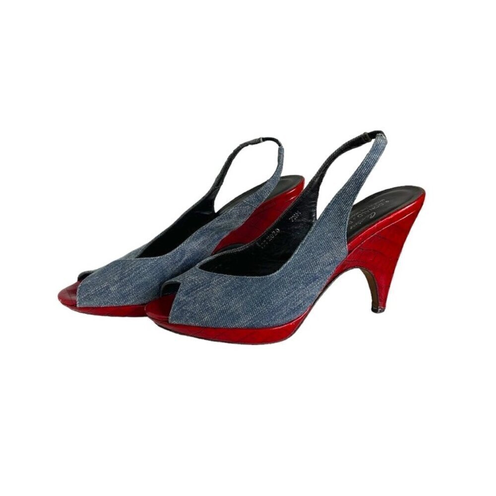 DONALD J PLINER Couture Vintage Denim Slingback Peep Toe Pumps US 7.5